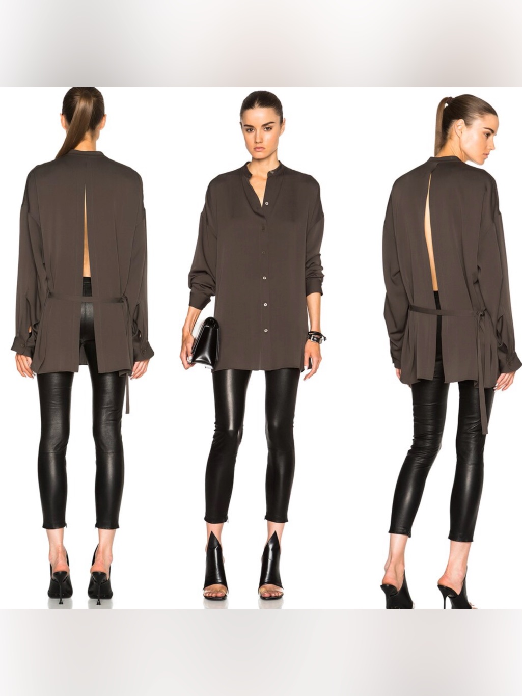 Helmut Lang Grey Brown Button-Front Tunic Blouse Open Back Designer